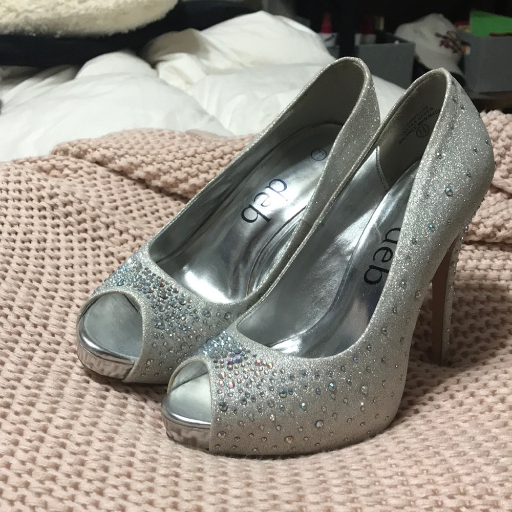 Silver and jeweled heels.